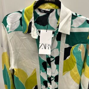 Zara Women’s Blouse White/Green Floral Sz M New With Tags